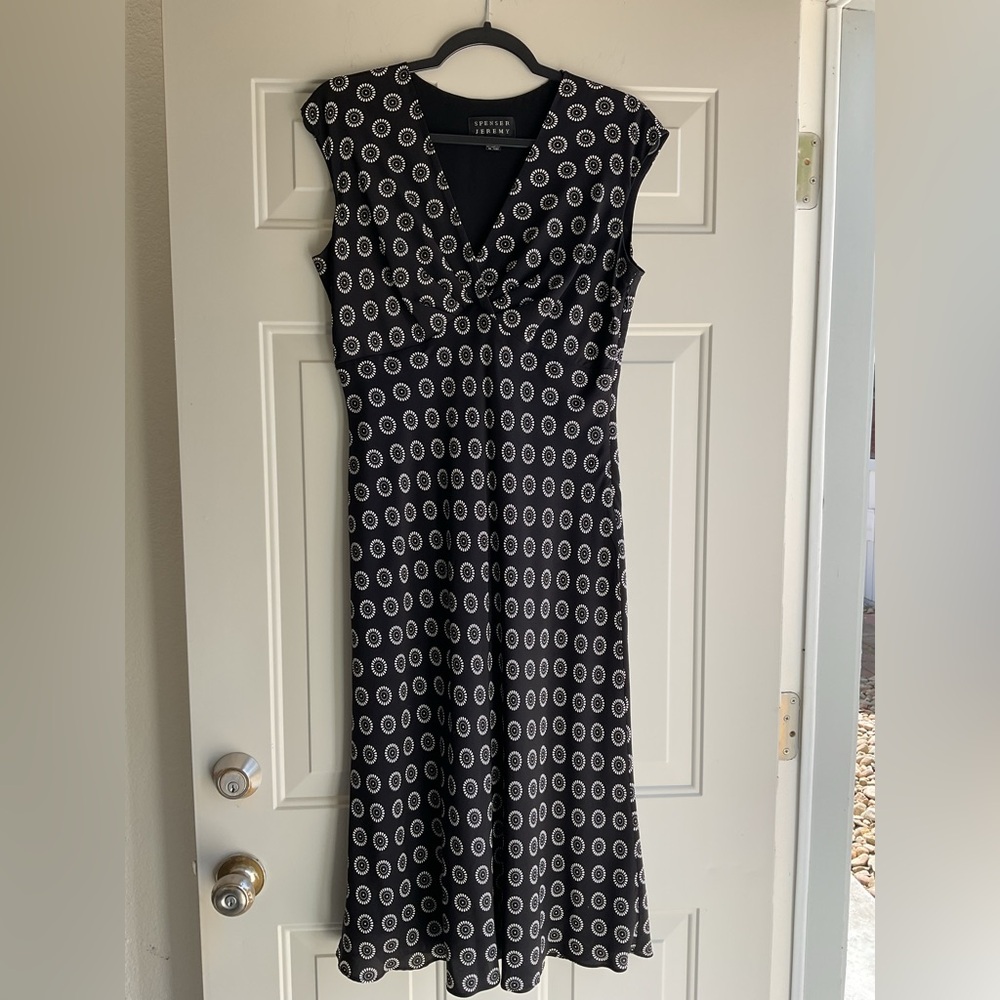 Spenser Jeremy 100% Silk Black Dress with White Circular Dot Print
